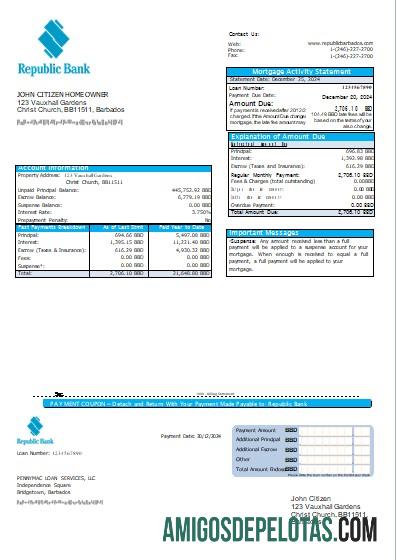 Declaração de hipoteca do Banco da República de Barbados Scr exemplo real